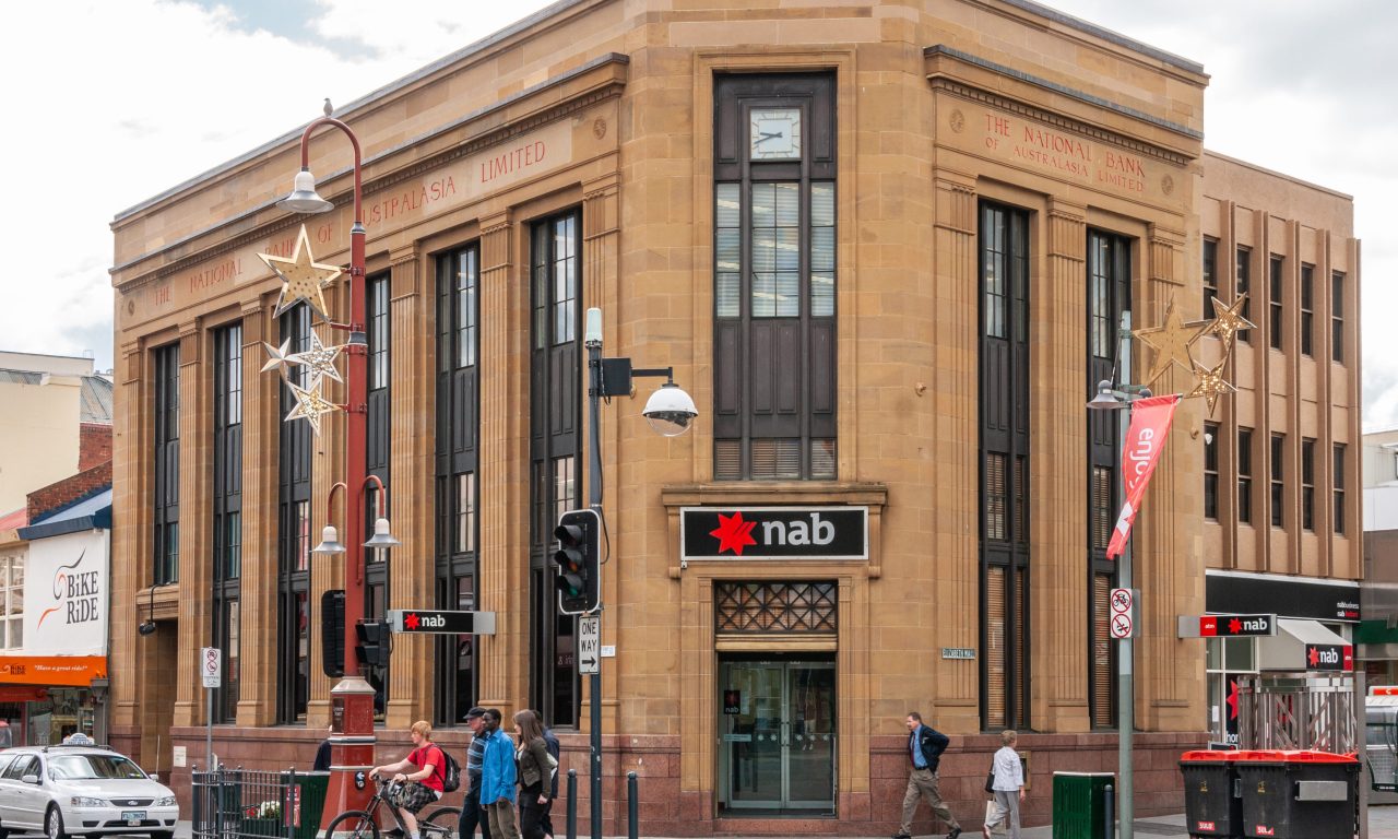 Hobart, Tasmania, Australia - December 14, 2009:  closeup and frontal view of historic building, the National Australasia Bank on corner of street.