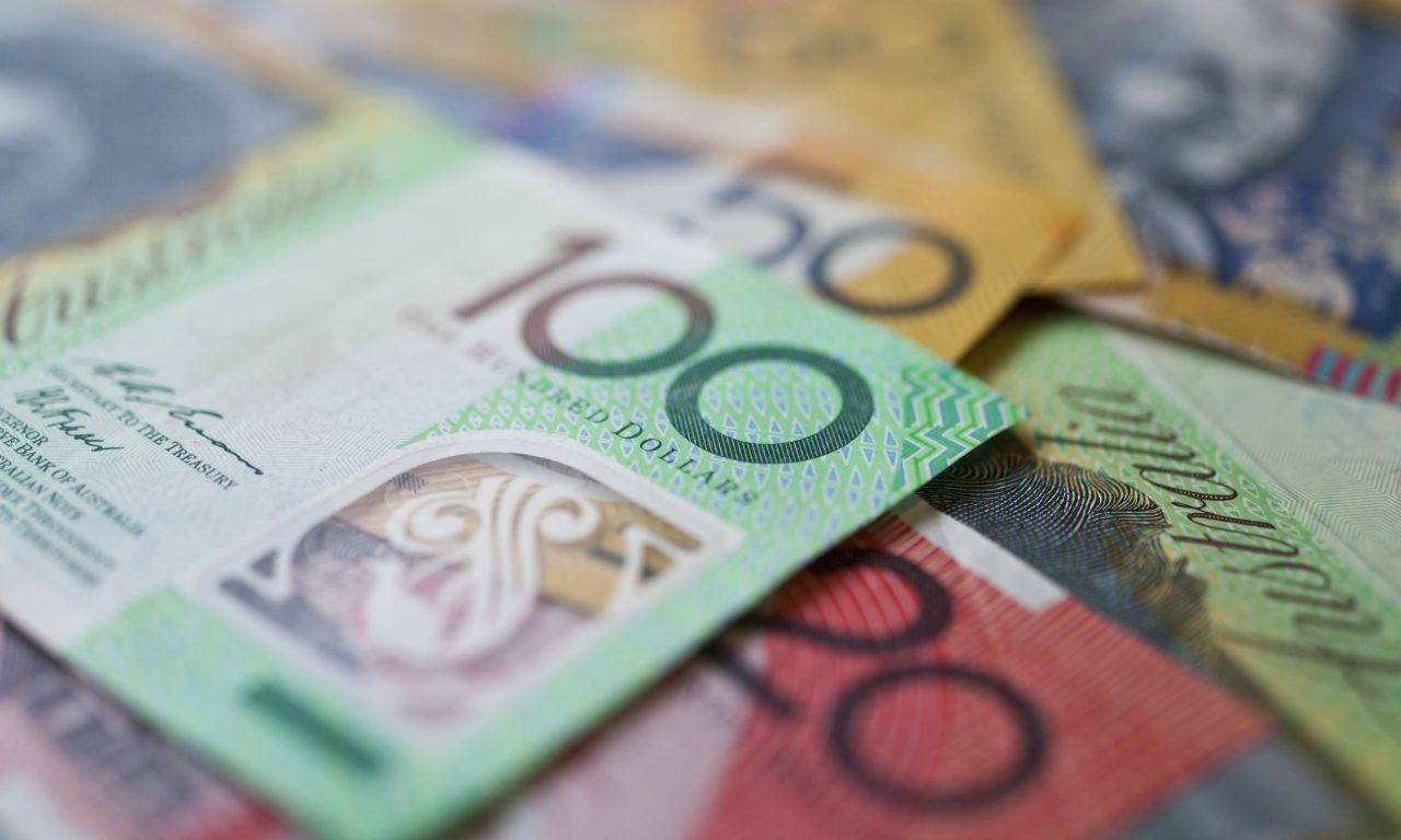 Australian money, currency or cash flat on table